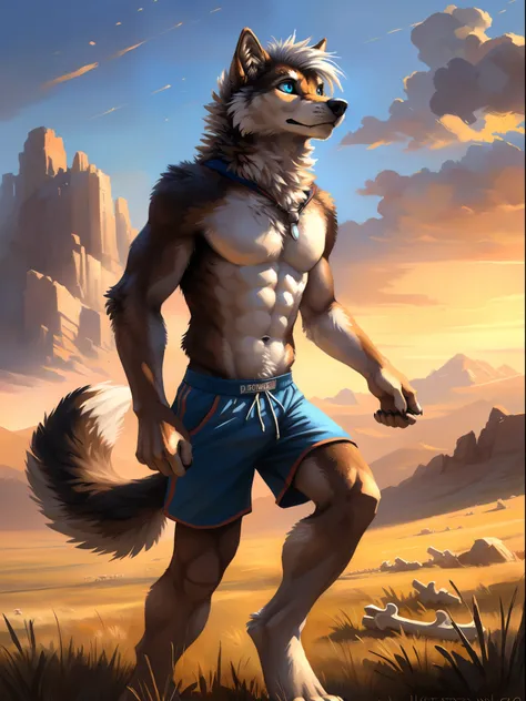 ((Solo)), male people, anthro wolf, (Multi-colored fur, White-brown:1.3), ((Wolf face, White hair, Big eyes, White eyelids, Blue pupil, Slim:1.2) (Tough, Calm expression:1.2)), Abs, Slim, pinging)), (Correct anatomy), (Work shorts:1.1), (Contour bone:1.2),...