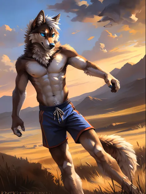 ((Solo)), male people, anthro wolf, (Multi-colored fur, White-brown:1.3), ((Wolf face, White hair, Big eyes, White eyelids, Blue pupil, Slim:1.2) (Tough, Calm expression:1.2)), Abs, Slim, pinging)), (Correct anatomy), (Work shorts:1.1), (Contour bone:1.2),...