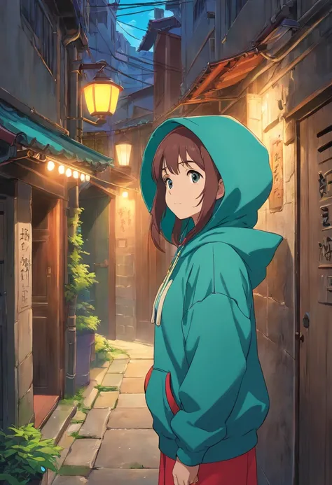 Back alley、Girl in a hood、wearing hoodies