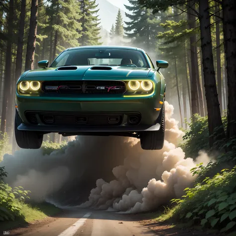 Dodge Challenger ultra 4k, green background, smoke effect green drl,  forest area with fogg effect, tire burning effect