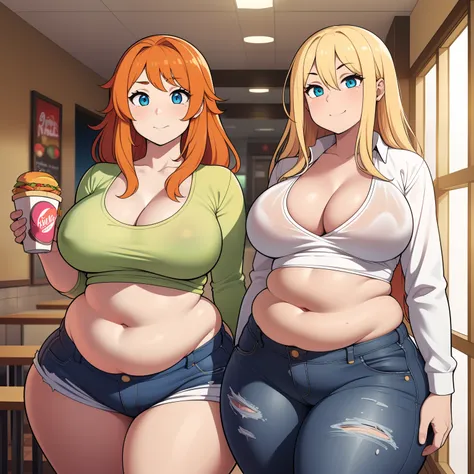 ((highres)), Masterpiece, high quality, best quality, beautiful, perfect lighting, detailed face, ultra cute face, ((2girls)), one girl has blonde hair, blue eyes, crop top and shorts skindentation, one girl has orange hair, green eyes, jeans, white shirt,...