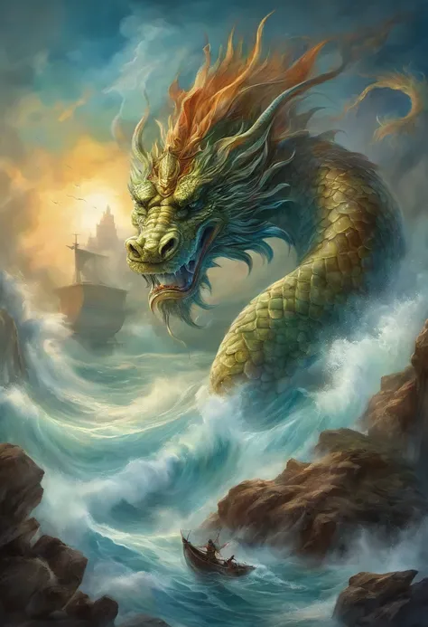 Vickers style, The graphics in the poster design are ocean colors, Chinese dragon in ink painting, and a combination of dragons, As a water god, Living in the South China Sea, Control thunderstorms at sea, an ancient Chinese god, turtle, drak, Mare, stony,...