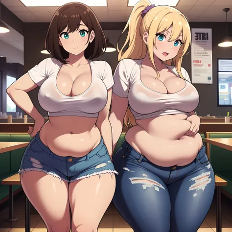 ((highres)), Masterpiece, high quality, best quality, beautiful, perfect lighting, detailed face, ultra cute face, ((2girls)), one girl has blonde hair, blue eyes, crop top and shorts skindentation, one girl has brown hair, green eyes, jeans, white shirt, ...