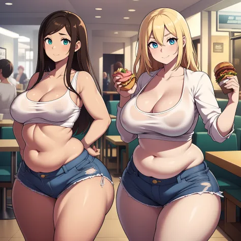 ((highres)), Masterpiece, high quality, best quality, beautiful, perfect lighting, detailed face, ultra cute face, ((2girls)), one girl has blonde hair, blue eyes, crop top and shorts skindentation, one girl has brown hair, green eyes, jeans, white shirt, ...