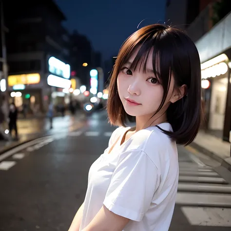 女の子1人、kawaii、Tokyo Street、natta、A city scape、city light、full bodyesbian、a closeup、a smile、、(8k、RAW Photography、top-quality、​masterpiece:1.2)、(realisitic、photoRealstic:1.37)、