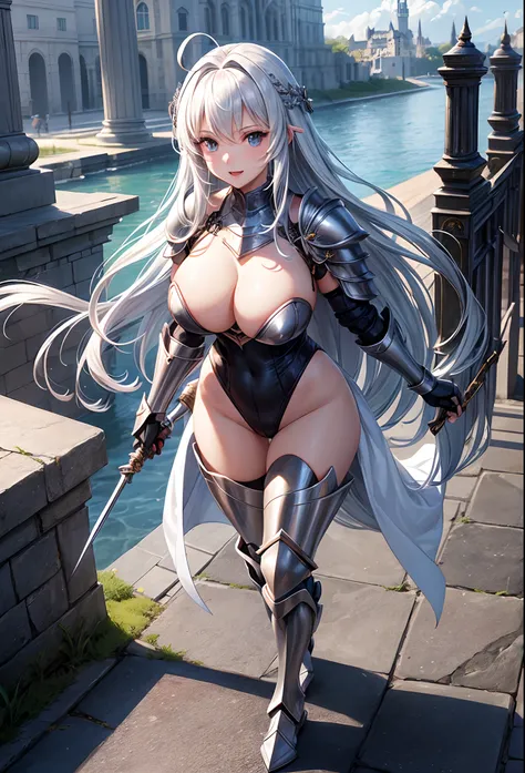 Woman knight、a beauty girl、huge tit、Excellent style、Nice Buddy、glamorous、leotard、s Armor、Shoulder rest armor、Bra chest armor、knee boots、gauntlets、hair adornments、silber hair、Longhaire、Ahoge、is standing、full body seen 、in a castle、Walking、slightly open mout...