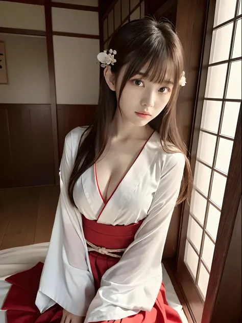 (Close up high angle shot of one naked slender very small breasted girl with long hair with dull bangs in Japanese shrine maiden outfit:1.5)、(One naked slender very small breast girl lie in Japanese style room、Take off a white kimono and scarlet long skirt...