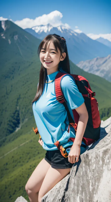 ((mountaineering))、backpack、blue-sky、a smile、(​masterpiece、top-quality) 、kawaii、(Colossal tits:1.2)、((20 year old woman:1.2))、Young adorable Japan face, ,Soft portrait shots,in 8K,、Young cute gravure idol