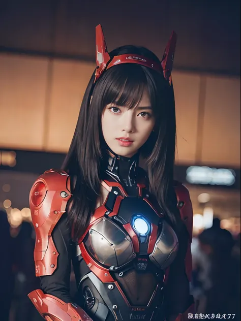 （Fight against mechanical robot soldiers）、top-quality、​masterpiece、超A high resolution、(Futuristic machine gun、holding knive),（Wearing a futuristic hat）、(Photorealsitic:1.4)、Raw photo、女の子1人、Black hair、glowy skin、((1 Mechanical Girl))、((super realistic detai...