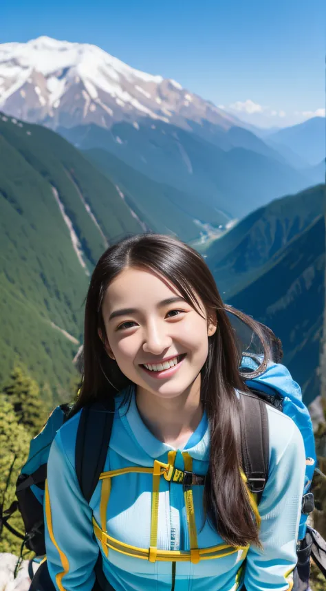 ((mountaineering))、backpack、blue-sky、a smile、(​masterpiece、top-quality) 、kawaii、(Colossal tits:1.2)、((20 year old woman:1.2))、Young adorable Japan face, ,Soft portrait shots,in 8K,、Young cute gravure idol