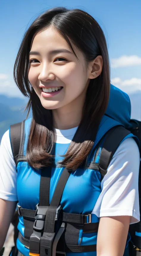 ((mountaineering))、backpack、blue-sky、a smile、(​masterpiece、top-quality) 、kawaii、(Colossal tits:1.2)、((20 year old woman:1.2))、Young adorable Japan face, ,Soft portrait shots,in 8K,、Young cute gravure idol