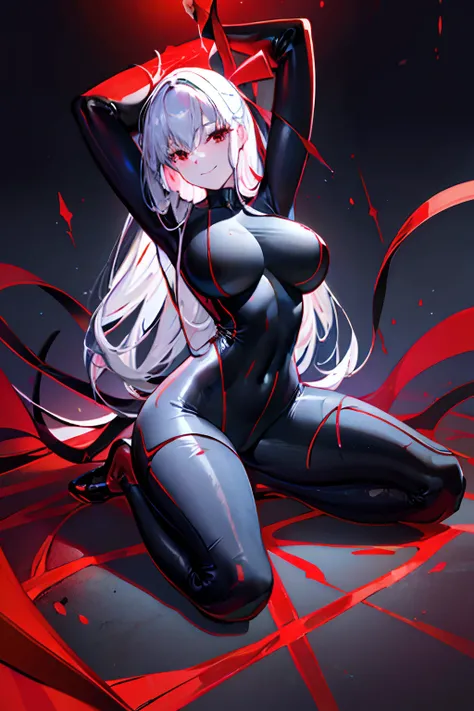 Black full body suit　Red lines all over the body　huge tit　Big ass　Whip thighs　seductiv　a smile　Bare legged　Sit up