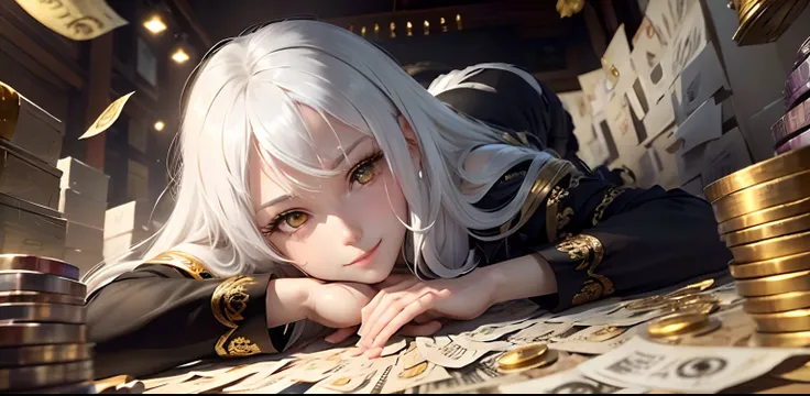 best quality, white hair, gold eyes, black clothes, looking up, upper body, hair strand, Fair skin, smiling, Banknotes and coins are scattered, lie down