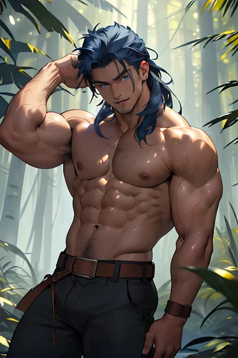 (1 young man, marked muscles, shirtless, topless, bodybuilders body)), beardless, cobalt blue hair,   straight, shoulder-length hair, masculine, attractive, handsome teenager (detailed face, perfect face) ((extremely realistic shadows, masterpiece of art, ...