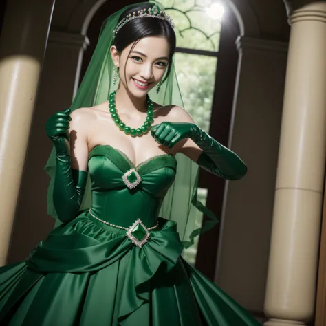 Boyish very short green hair, lipsticks, Japan woman smiling, Green Long Grove,　Emerald Tia boyish very short black hair, lipsticks, Japan woman smiling, Satin green long gloves, Green Pearl Necklace, Long green gloves made of satin material, big breasts b...