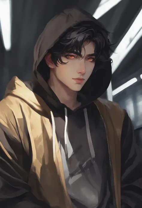 Anime man with yellow eyes and black hair in black hoodie, High quality anime art style, artwork in the style of guweiz, digital anime illustration, anime style character, inspired by Bian Shoumin, anime style portrait, Male anime style, Anime Boy, high qu...