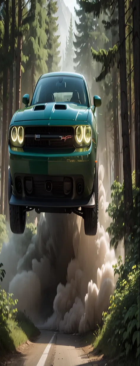 Dodge Challenger ultra 4k, green background, smoke effect green drl,  forest area with fogg effect, tire burning effect