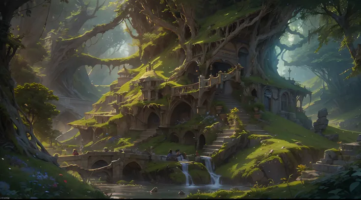 (by Greg Rutkowski: 1.2), (masterpiece), (best quality), extremely delicate and beautiful, illustration, (fantasy landscape), A mesmerizing fantasy landscape with enchanting elements blending seamlessly. (fantasy ancient forest), Providing a distant view t...