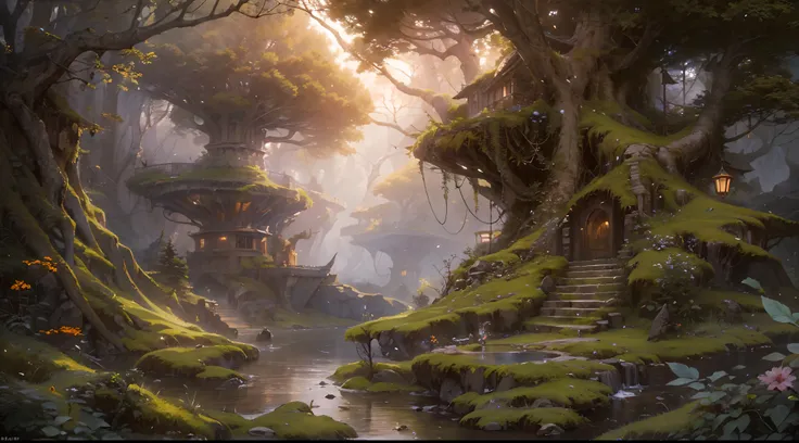 (by Greg Rutkowski: 1.2), (masterpiece), (best quality), extremely delicate and beautiful, illustration, (fantasy landscape), A mesmerizing fantasy landscape with enchanting elements blending seamlessly. (fantasy ancient forest), Providing a distant view t...