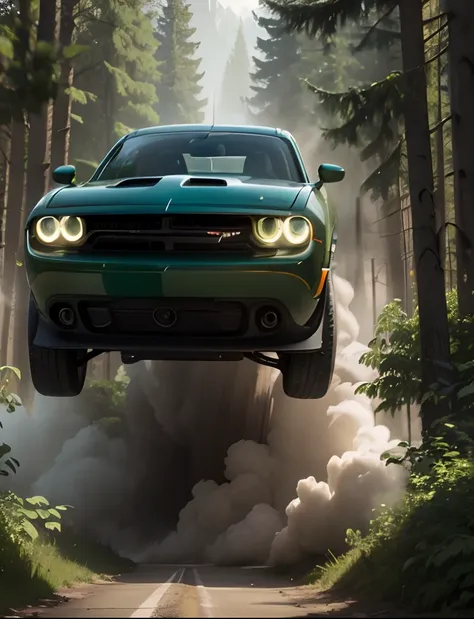 Dodge Challenger ultra 4k, green background, smoke effect green drl,  forest area with fogg effect, tire burning effect