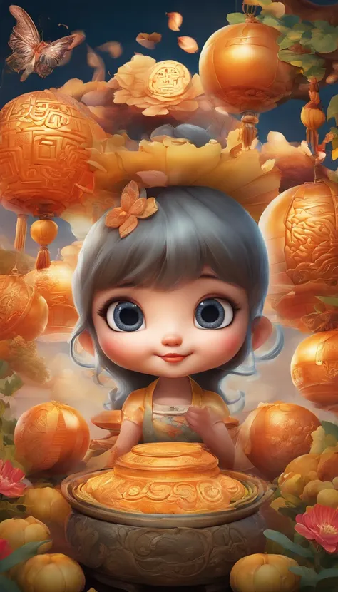 Mid-Autumn Festival, Cute fairy, Beautiful big eyes, Wear ancient costumes,Rabbit in hand， Moon cake, Auspicious clouds, Behind the huge moon, Warm colors, Abstract imagery, ultra-realistic realism, Pixar style, 3d effect, Disney style, Clear edge light, r...