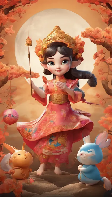 Mid-Autumn Festival, Cute fairy, Beautiful big eyes, Wear ancient costumes,Rabbit in hand， Moon cake, Auspicious clouds, Behind the huge moon, Warm colors, Abstract imagery, ultra-realistic realism, Pixar style, 3d effect, Disney style, Clear edge light, r...