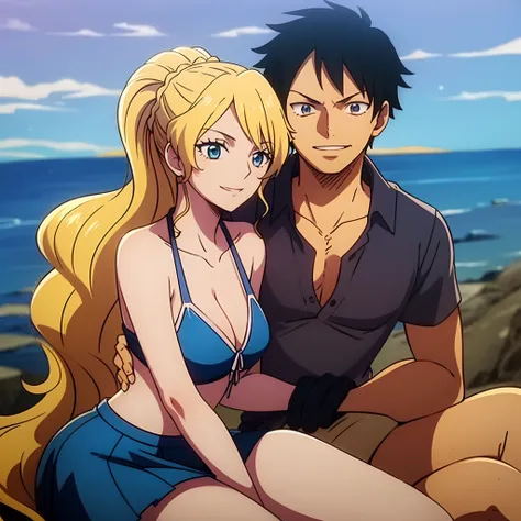 masterpiece, best quality, 1girl, alicetaria,blonde hair, long hair, ponytail, blue eyes, blue shirt, pleated skirt, solo, simple background, bikini, beach, alicetarian and luffy, husband and wife, couple happy in a beach, , purple hair,1boy, sitting in co...