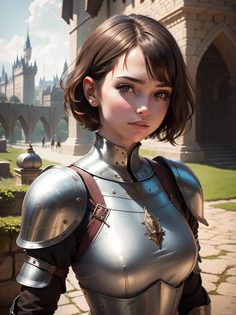 portrait of a girl, the most beautiful in the world, (medieval armor), metal reflections, upper body, outdoors, short hair, brown hair, sunlight, far away castle, professional photograph of a stunning woman detailed, sharp focus, , award winning, cinematic...