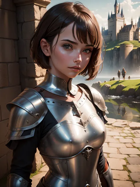 portrait of a girl, the most beautiful in the world, (medieval armor), metal reflections, upper body, outdoors, short hair, brown hair, sunlight, far away castle, professional photograph of a stunning woman detailed, sharp focus, , award winning, cinematic...