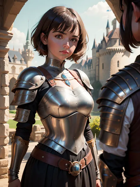 portrait of a girl, the most beautiful in the world, (medieval armor), metal reflections, upper body, outdoors, short hair, brown hair, sunlight, far away castle, professional photograph of a stunning woman detailed, sharp focus, , award winning, cinematic...