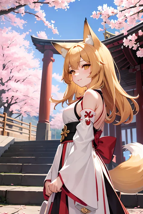 masterpiece, best quality, 1girl, yellow eyes, medium hair, stairs, cherry blossoms, temple, fox girl, detached sleeves, animal ears, happy, arms behind back,