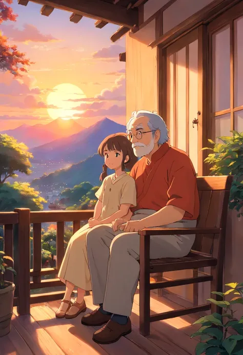 Grandfather,granddaughter (middle aged),sitting on veranda,sunset,vibrant colors,soft lighting