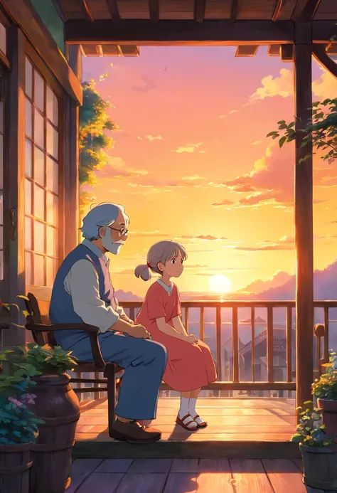 Grandfather,granddaughter (middle aged),sitting on veranda,sunset,vibrant colors,soft lighting