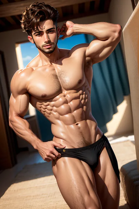 De un chico, guapo, sexy, realista, real, torso desnudo, six pack, 8k, arabic, moroccan, piel marron, moreno, anatomy, perfecto, buena polla, pelo rizado, pelo rizado, pelo rizado, cuerpo perfecto