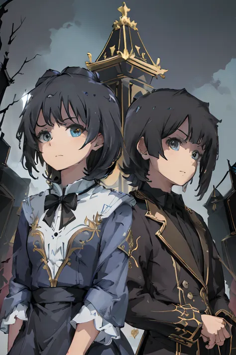 (masterpiece, top quality, best quality). (Highly Detailed). (Epic, powerful scene). (perfect, smooth faces). Two human identical twins (1 boy, 1 girl). The boy has short black hair and is wearing a tuxedo. The girl is wearing a long black dress. They are ...