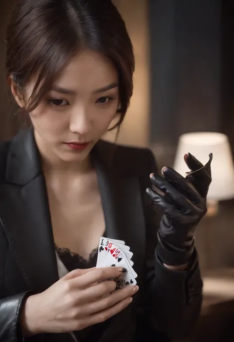 A young Japanese woman with a black suit up to a shirt and playing cards with black leather gloves on both hands