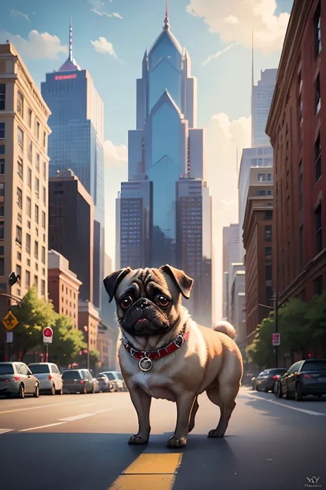 pug dog, cityscape Philadelphia Pa, fantasy, digital art