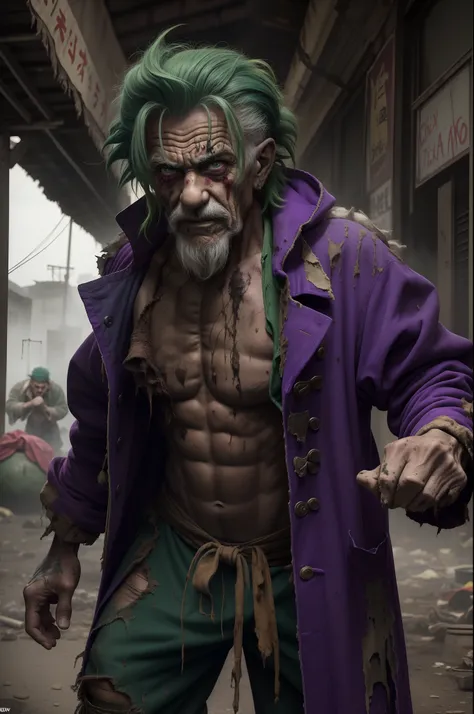 80-year-old clown,Like a beggar ,The expression is fierce， guffaw，Fitness ，The expression is fierce，Dirty green hair ,Fierce expression,full bodyesbian,kung fu pose，Tattered purple coat，Like a bum，Wandering the streets,(((Very dirty and poor,ripped clothin...