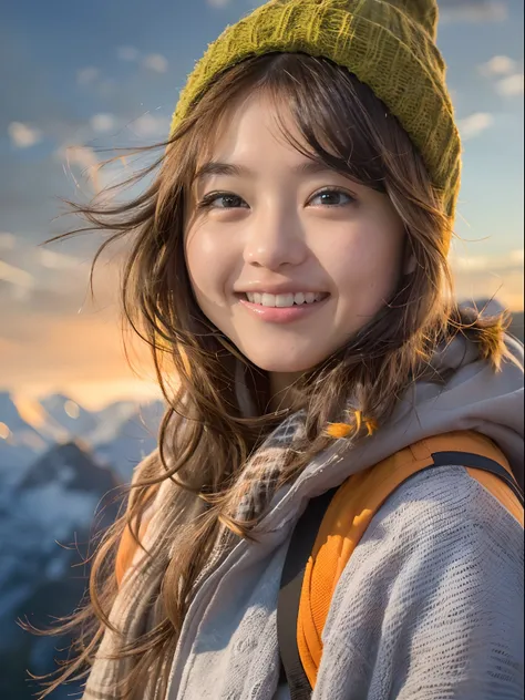 realisticlying、Snow-capped climbing、Outdoor Fashion Girl、Mountain from the cliff々々View、Portrait、Orange sunset、Happy smile、realisitic、Background ball blur、Happy smile、An 18-year-old woman、