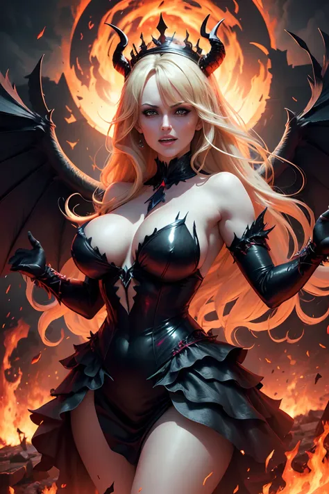 Ultra-detailed Stormy Daniels stands atop a pile of burning ruins, Her diabolical and insidious presence radiating from her dark crown and black and red evil queen dress........ Her demon wings on her back and demon horn give her an invincible aura as she ...