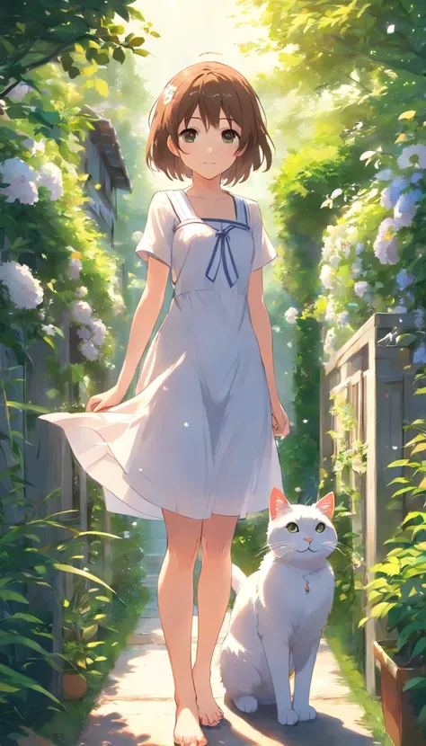 Anime girl in white dress standing in garden with cat, Hang the laundry outside to dry，loli in dress, small curvaceous loli, Guviz-style artwork, Guweiz in Pixiv ArtStation, Guweiz on ArtStation Pixiv, Guviz, small loli girl, Soft anime illustration, Anime...