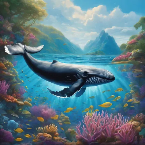 (a majestic,beautiful,elegant,serene) (whale) in the (vast,deep,infinite) (ocean) with (crystal clear,shimmering,sparkling) (turquoise,blue) waters, surrounded by (lush,spectacular) (underwater) (coral reefs), (swimming gracefully,dancing harmoniously) wit...