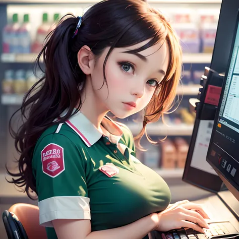 (​masterpiece),(Convenience store checkout counter)The girl in charge of the cash register looks at this,Cash register in progress,Dress like a Seven-Eleven polo shirt、Breast size:1.2,(Look at this with a slightly upward look.)、((from the front side)),、(Sh...