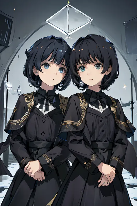 (masterpiece, top quality, best quality). (Highly Detailed). (Epic, powerful scene). (perfect faces). Two human identical twins (1 boy, 1 girl). The boy has short black hair and is wearing a tuxedo. The girl is wearing a long black dress. They are standing...