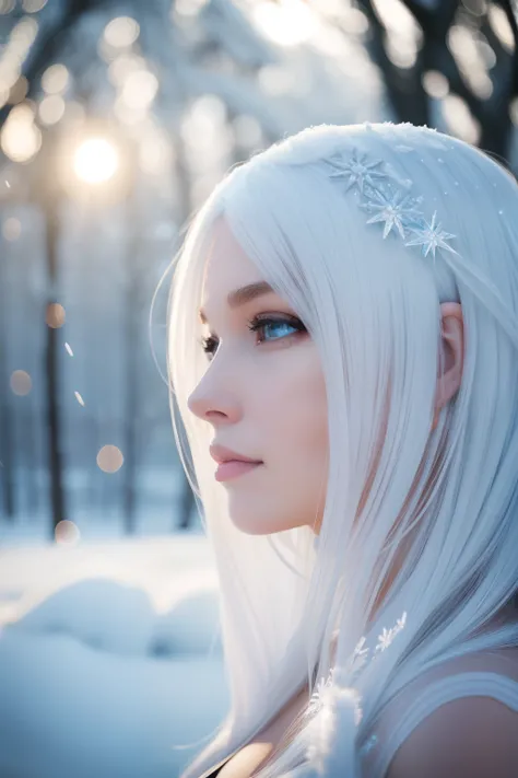 beautiful, young woman, in the crystal and ice area, fluttering snow, horse riding, a white hourse, gradient hair, white hair, blue hair, long hair, eye reflection, disdain, ray tracing, reflection light, blurry, glowing light, depth of field, chiaroscuro,...