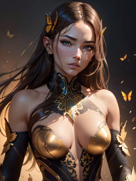 8k portrait of beautiful cyborg with brown hair, intricate, elegant, highly detailed, majestic, digital photography, art by artgerm and ruan jia and greg rutkowski surreal painting gold butterfly filigree, broken glass, (masterpiece, sidelighting, finely d...