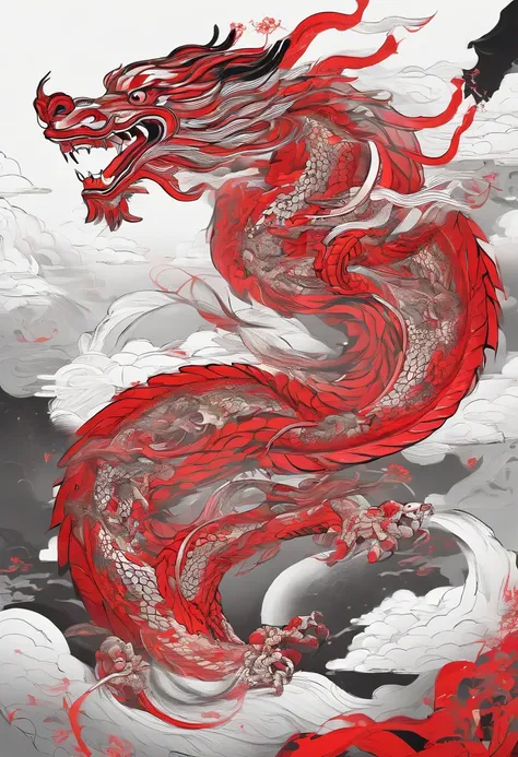 chinesedragon，Traditional Chinese culture，levitating，meander，Red tone，with black background，Golden splash of ink，3D，tmasterpiece，4K