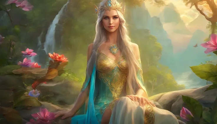 Apenas 1 mulher arafed em um vestido azul claro com uma cachoeira no fundo, corpo inteiro, muito bonito Top model do Rio de Janeiro, Handsome elven character with smile, Elven Princess, beautiful elven princess, Elven Queen Galadriel, cosplay realista, Emp...