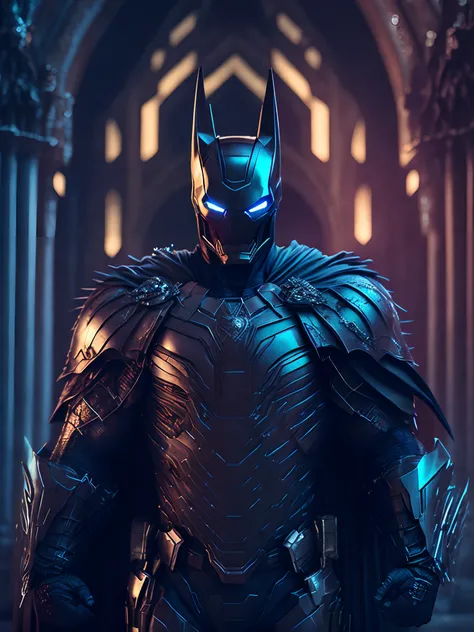 Dark portrait of the Evil Batman in Iron Man costume with intricate angular cybernetic implants inside a brutalist building, Gothic brutalist cathedral, Cyberpunk, foto premiada, Bokeh, neon lights, cybernetic limb