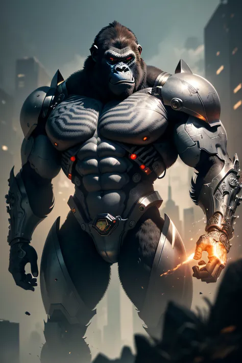 an evil gorilla made of metal, (cyborg), imagem inteira do gorila, sem corte, ultra-detailed, detailed face, made of metal, professional vector illustration, imagem inteira, sem corte, (intricate details), hdr, (intricate details, hyper-detailed:1.2), Cine...